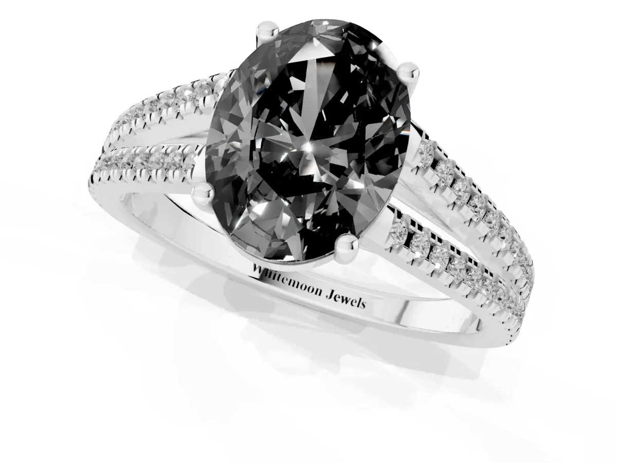 Fancy Black Oval Cut Diamond Solitaire Engagement Ring with Split Shank Pavé Band Platinum