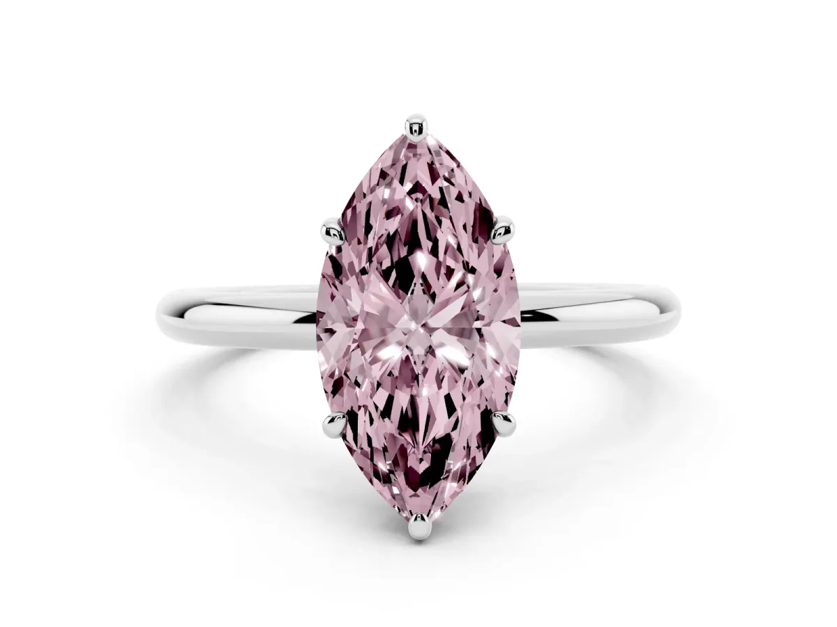 Fancy Pink Marquise Cut Solitaire Diamond Ring with Four-Prong Setting on a Plain Band Silver