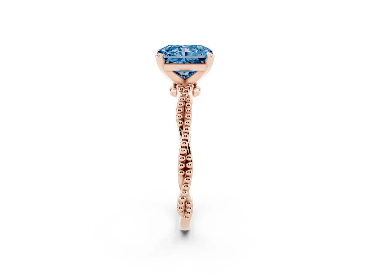 Fancy Blue Radiant Cut Solitaire Twisted Band with Bead Prong Setting Rose gold