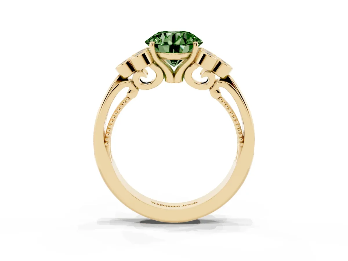 Fancy Green Round Cut Cut Diamond Engagement Ring with Bezel Set Round Side Stones and Prong Setting Yellow gold