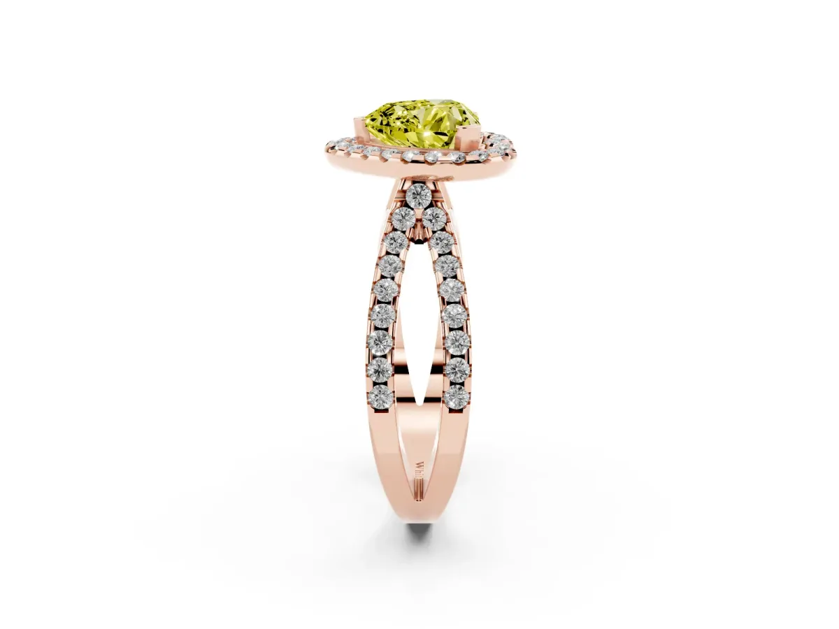 Fancy Yellow Heart Cut Diamond Halo Ring with Split Shank Pavé Band and Prong Setting Rose gold