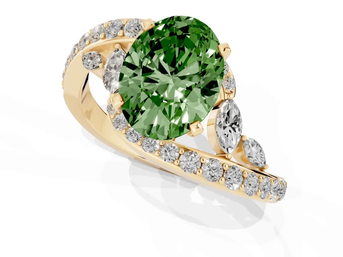 Fancy Green Oval Cut Solitaire with Pavé Twist Band and Four-Prong Setting Yellow gold