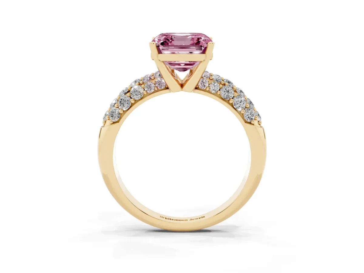 Fancy Pink Asscher Cut Diamond Pavé Band Solitaire Ring with Four-Prong Setting Yellow gold