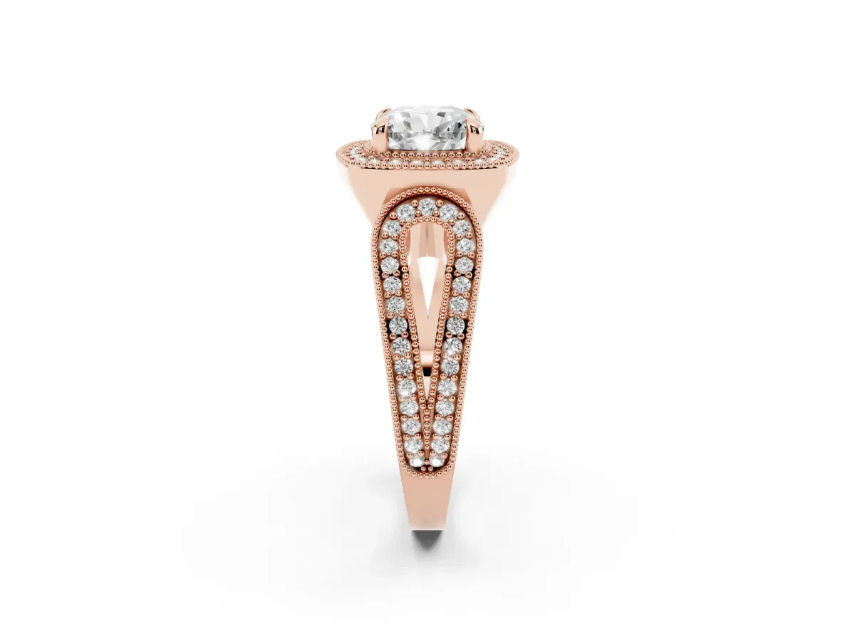 Cushion Cut Halo Split Shank Milgrain Diamond Ring Rose gold