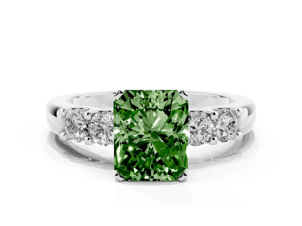 Fancy Green Radiant Cut Brilliant Cut Diamond Five-Stone Prong Set Engagement Ring with Channel Band Platinum
