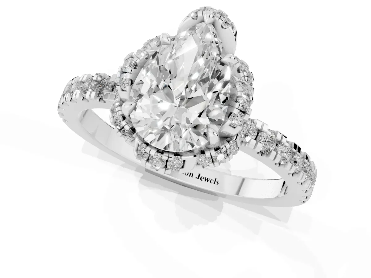 Pear Cut Diamond Halo Pave Band with Four-Prong Setting Silver