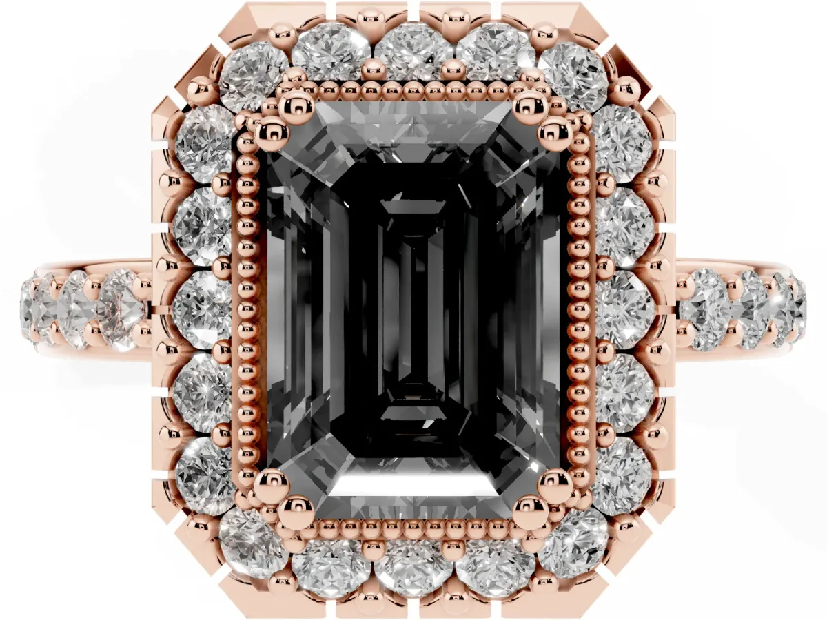 Fancy Black Emerald Cut Diamond Halo Ring with Pavé Band and Prong Setting Rose gold