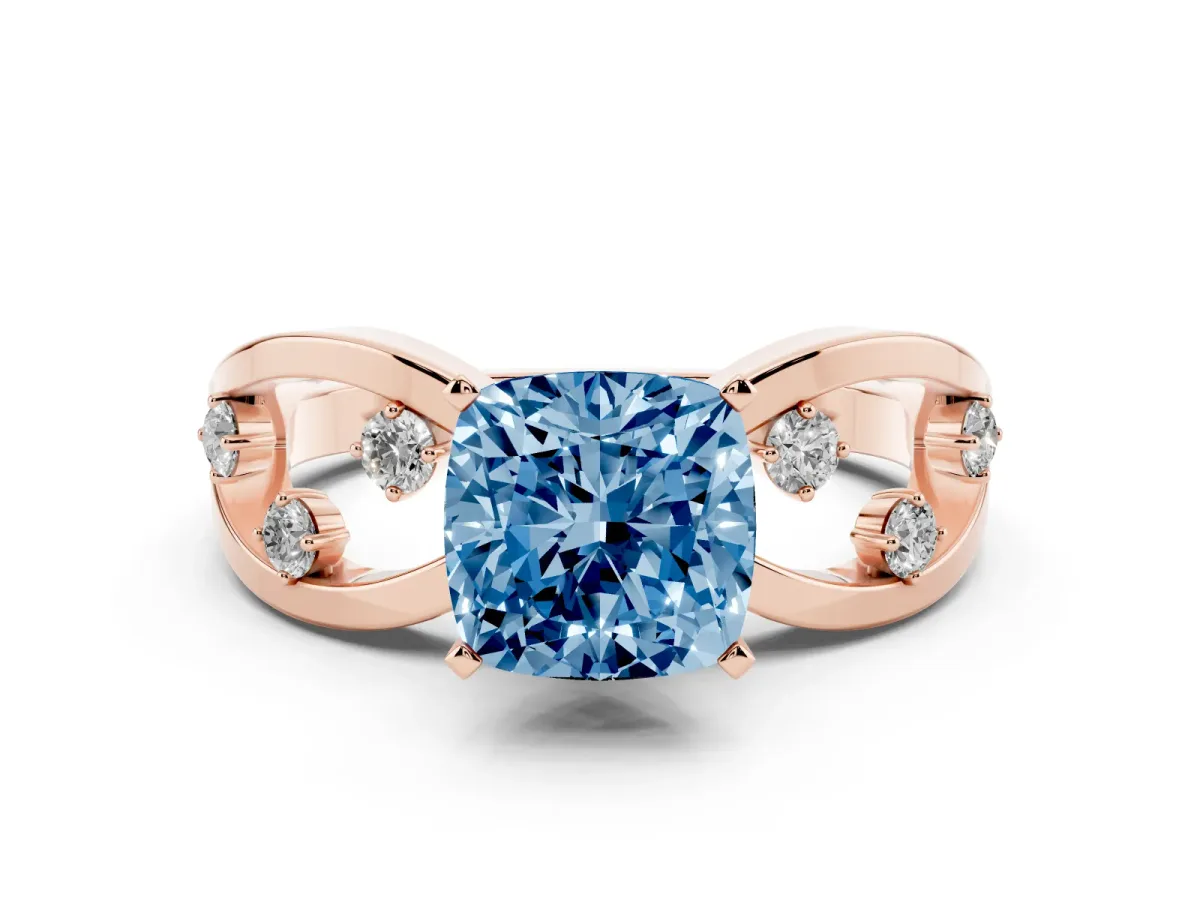 Fancy Blue Cushion Cut Cut Solitaire Diamond with Side Stones on Criss-Cross Band and Four-Prong Setting Rose gold