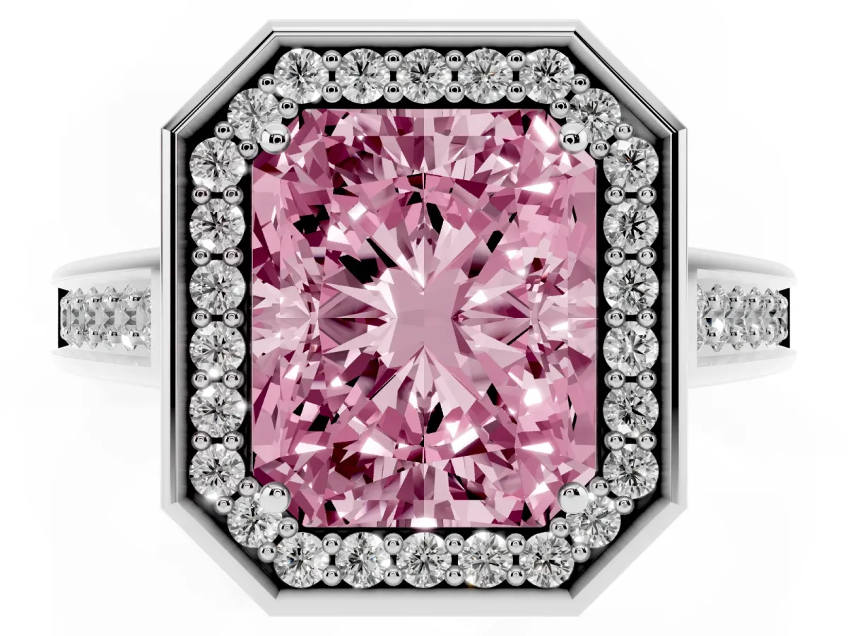 Fancy Pink Emerald Cut Halo Solitaire Diamond Ring with Pave Band and Bezel Setting Silver
