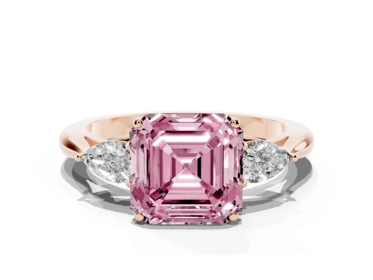Fancy Pink Three-Stone Asscher Cut Diamond Ring with Pear Side Stones in Four-Prong Setting Rose gold