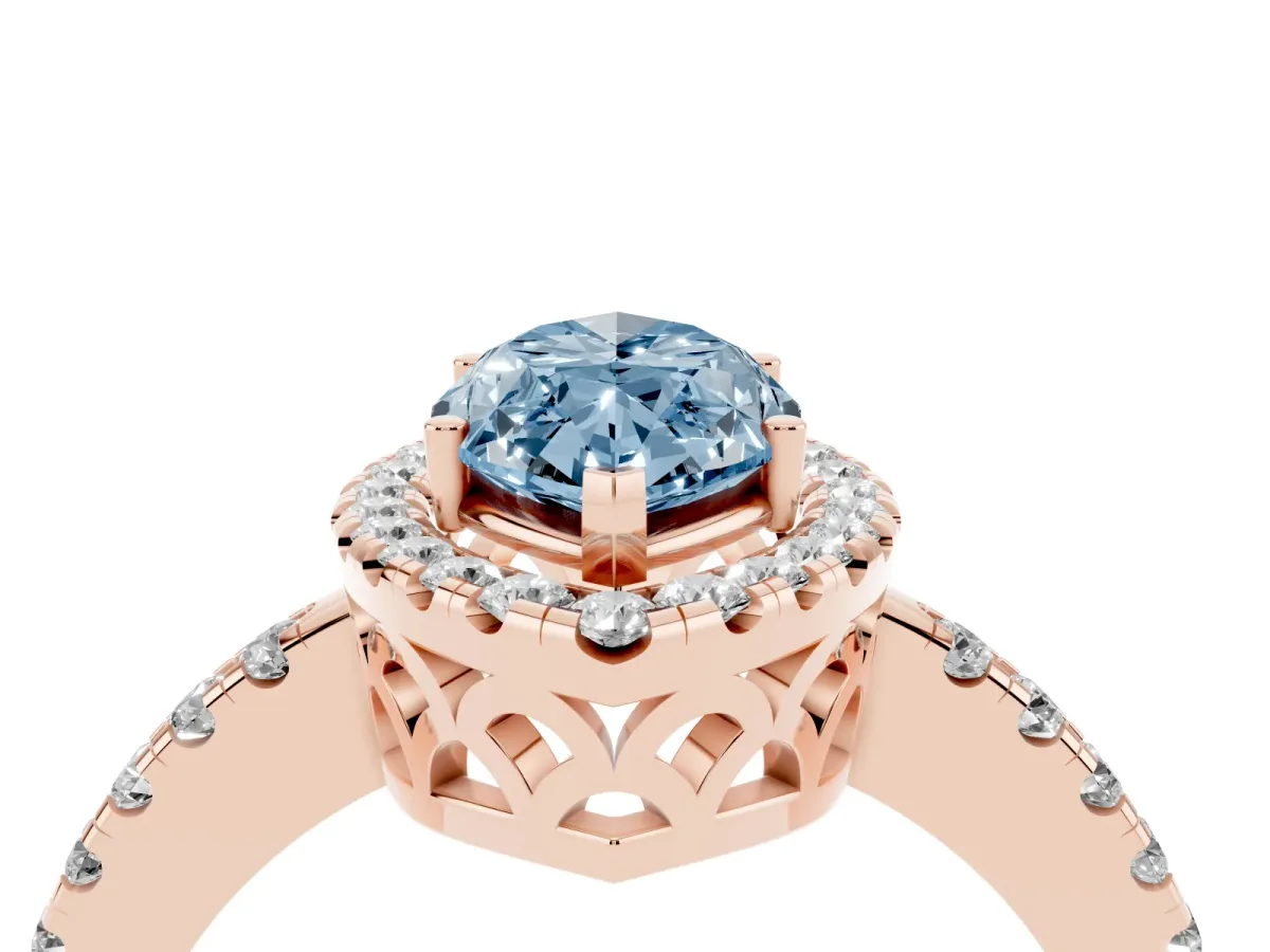 Fancy Blue Marquise Cut Halo Diamond Engagement Ring with Pavé Band and Four-Prong Setting Rose gold