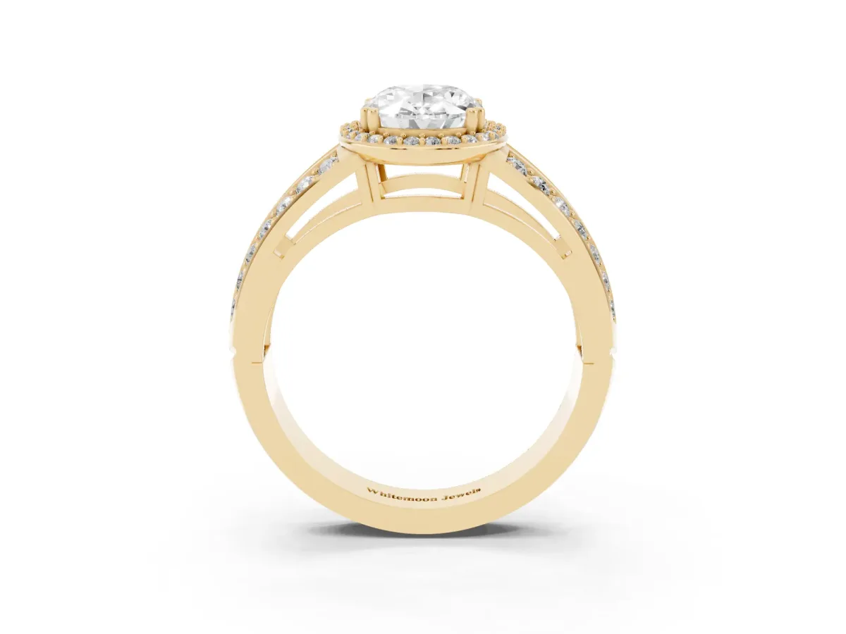 Oval Cut Diamond Halo Ring with Split Shank Pavé Band and Four-Prong Setting Yellow gold