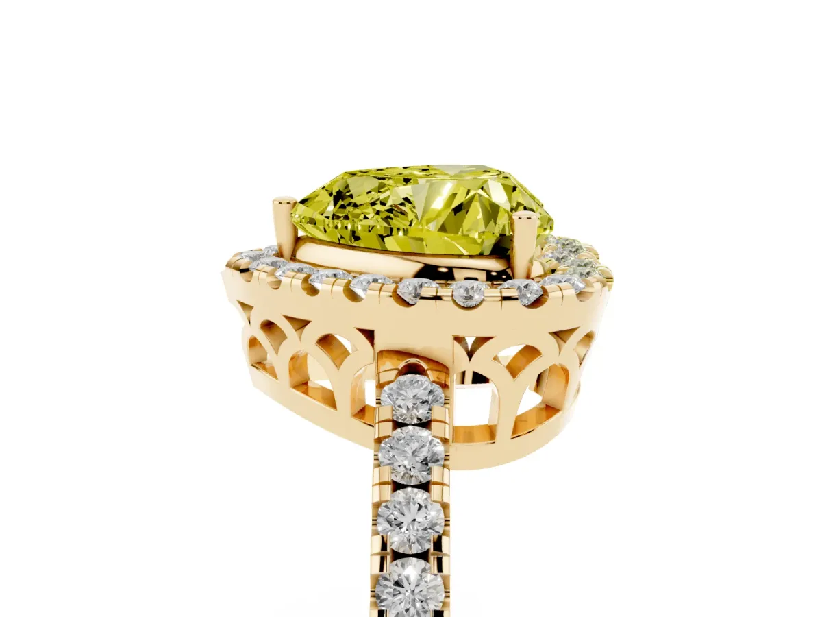 Fancy Yellow Heart Cut Halo Diamond Engagement Ring with Pavé Band and Four-Prong Setting Yellow gold