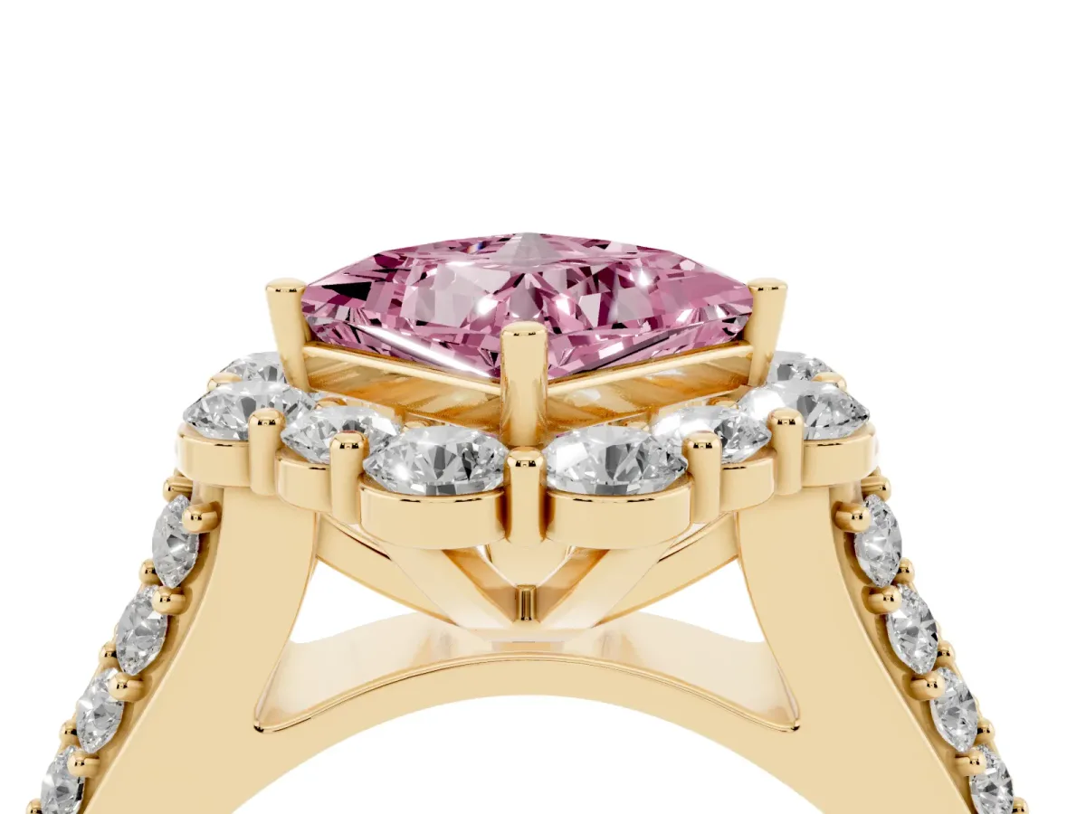 Fancy Pink Princess Cut Halo Diamond Engagement Ring with Split Shank and Prong Setting Yellow gold