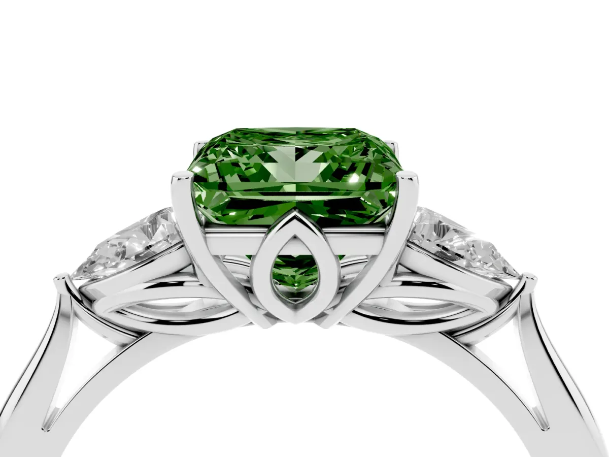 Fancy Green Princess Cut Diamond Three-Stone Ring with Pear Side Stones and Prong Setting Silver