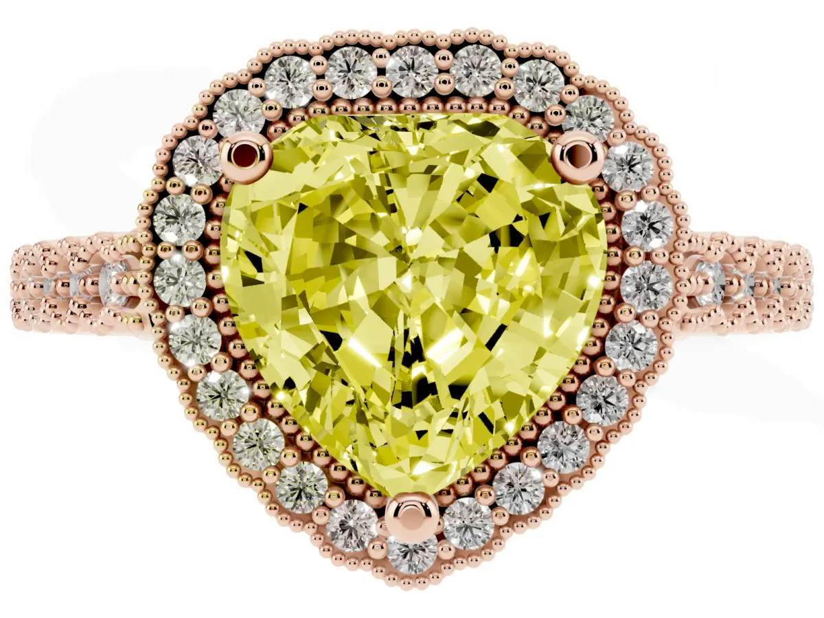 Fancy Yellow Heart Cut Cut Halo Pavé Solitaire Ring with Milgrain Band Rose gold