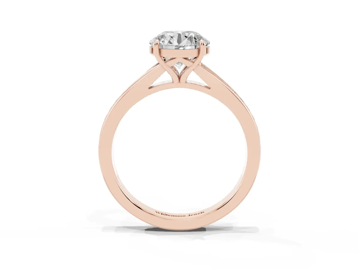 Round Cut Diamond Solitaire Ring with Pavé Band and Prong Setting Rose gold