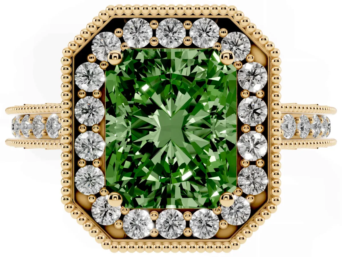 Fancy Green Radiant Cut Diamond Milgrain Halo Engagement Ring with Round Pavé Band and Prong Setting Yellow gold