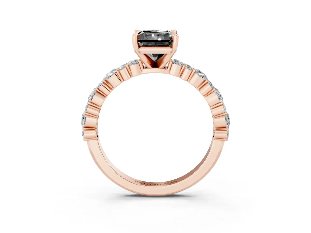 Fancy Black Radiant Cut Diamond Side Stone Solitaire Ring with Round and Four-Prong Setting Rose gold