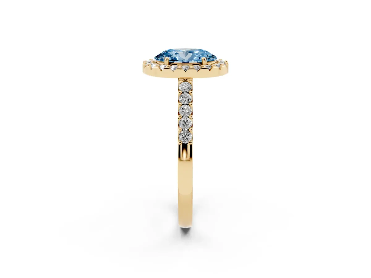 Fancy Blue Oval Cut Halo Diamond Pavé Solitaire Ring Yellow gold