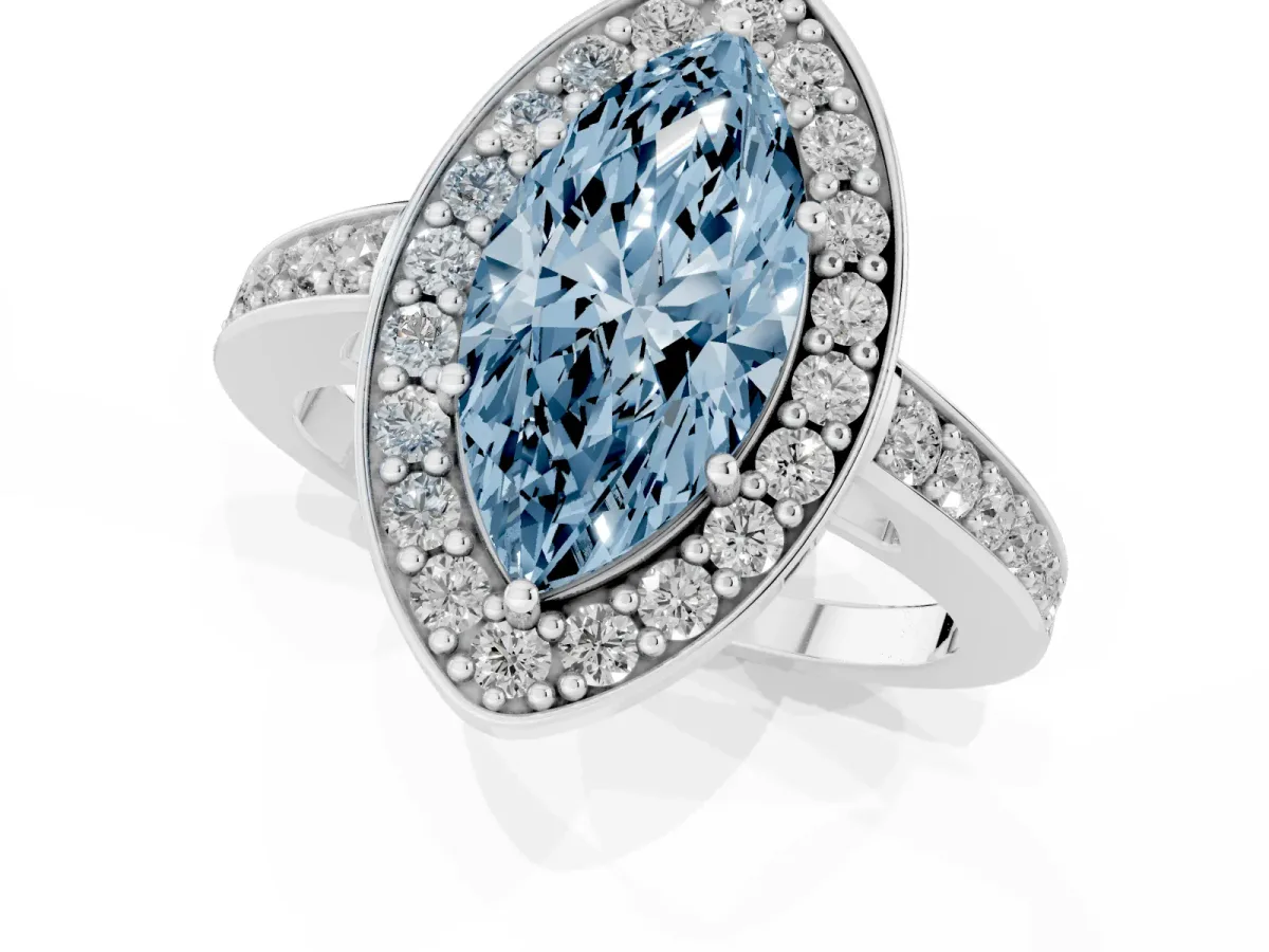 Fancy Blue Marquise Cut Halo Pavé Diamond Engagement Ring with Bezel Setting Silver