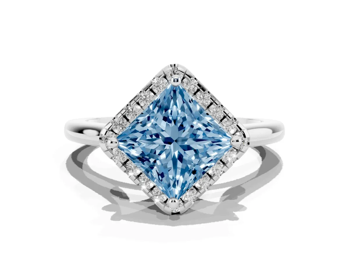 Fancy Blue Princess Cut Halo Round Diamond Solitaire Engagement Ring with Pave Band and Four-Prong Setting White gold