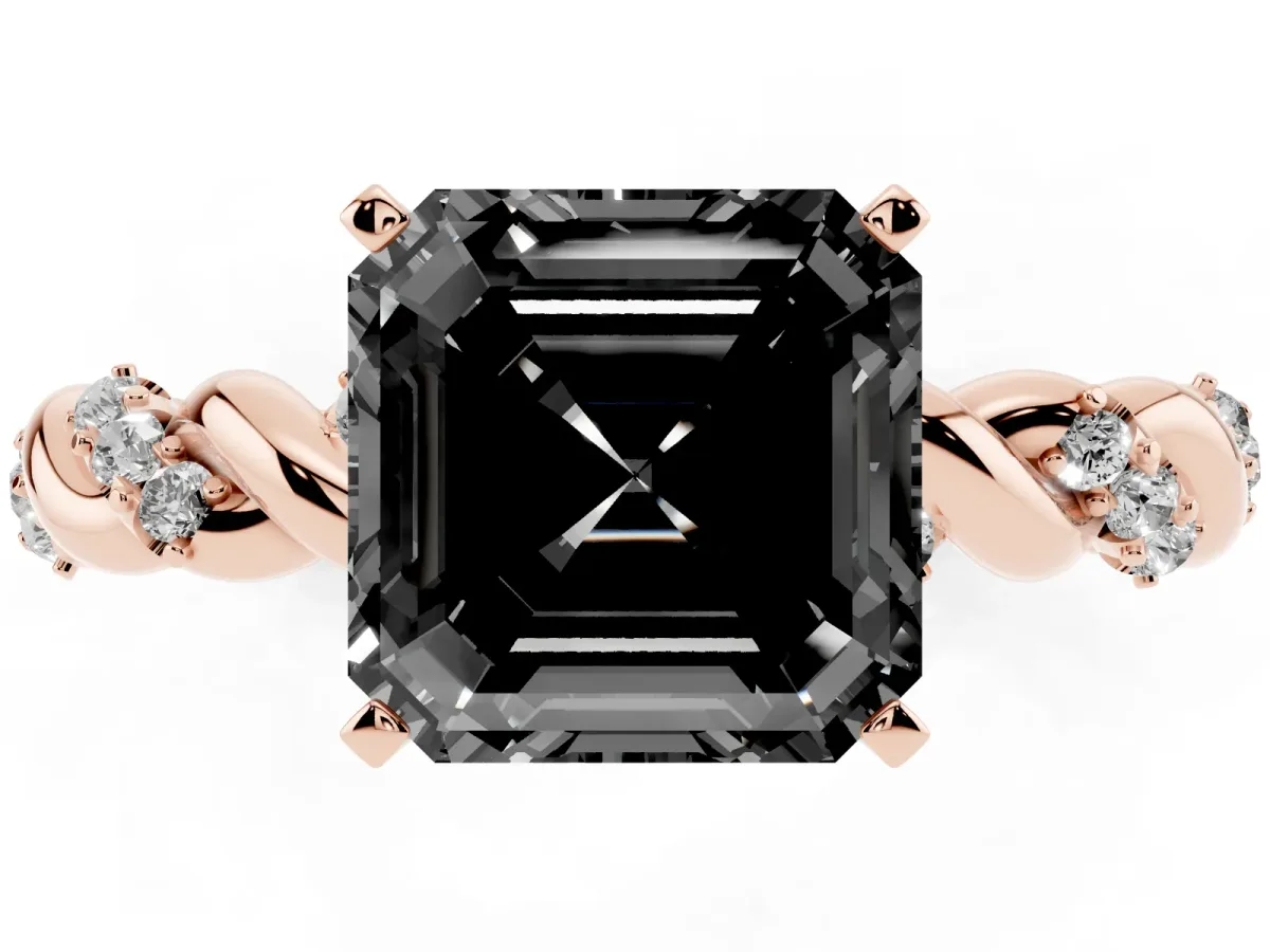 Fancy Black Asscher Cut Diamond Solitaire Ring with Twisted Band and Pavé Accents Rose gold