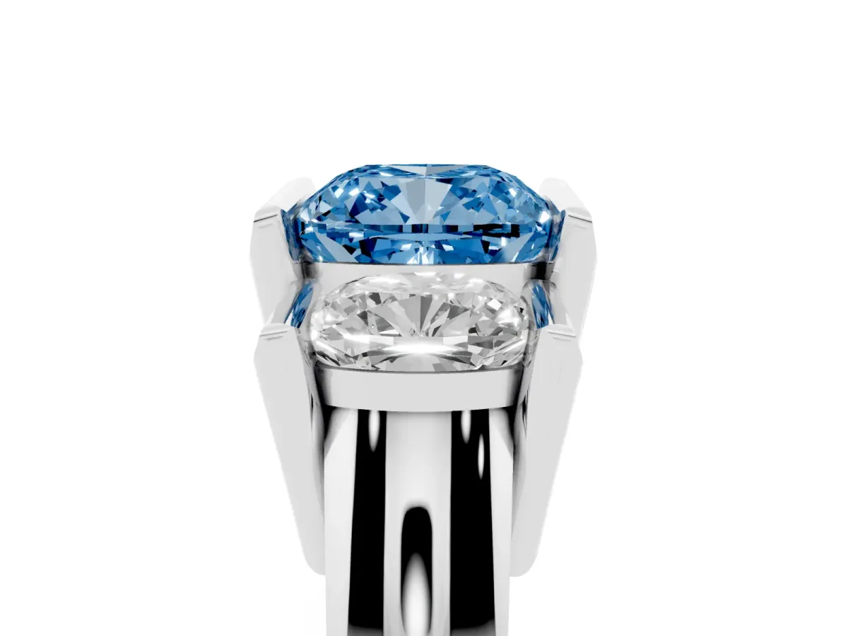 Fancy Blue Three Stone Cushion Cut Cut Channel Set Diamond Ring Silver