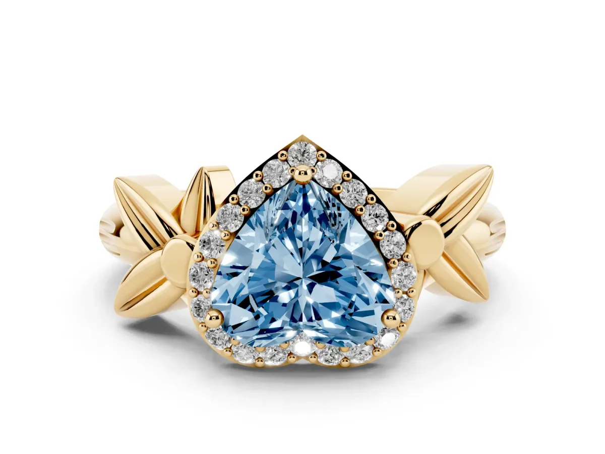 Fancy Blue Heart Cut Halo Diamond Floral Band with Four-Prong Setting Yellow gold
