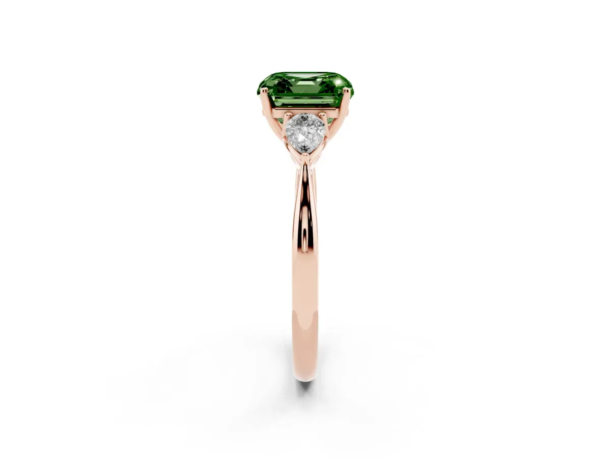 Fancy Green Three-Stone Asscher Cut Brilliant Diamond Solitaire Ring with Tapered Band and Four-Prong Setting Rose gold