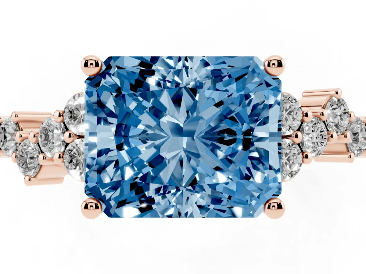 Fancy Blue Radiant Cut Diamond Scattered Round Accent Ring with Prong Setting Rose gold