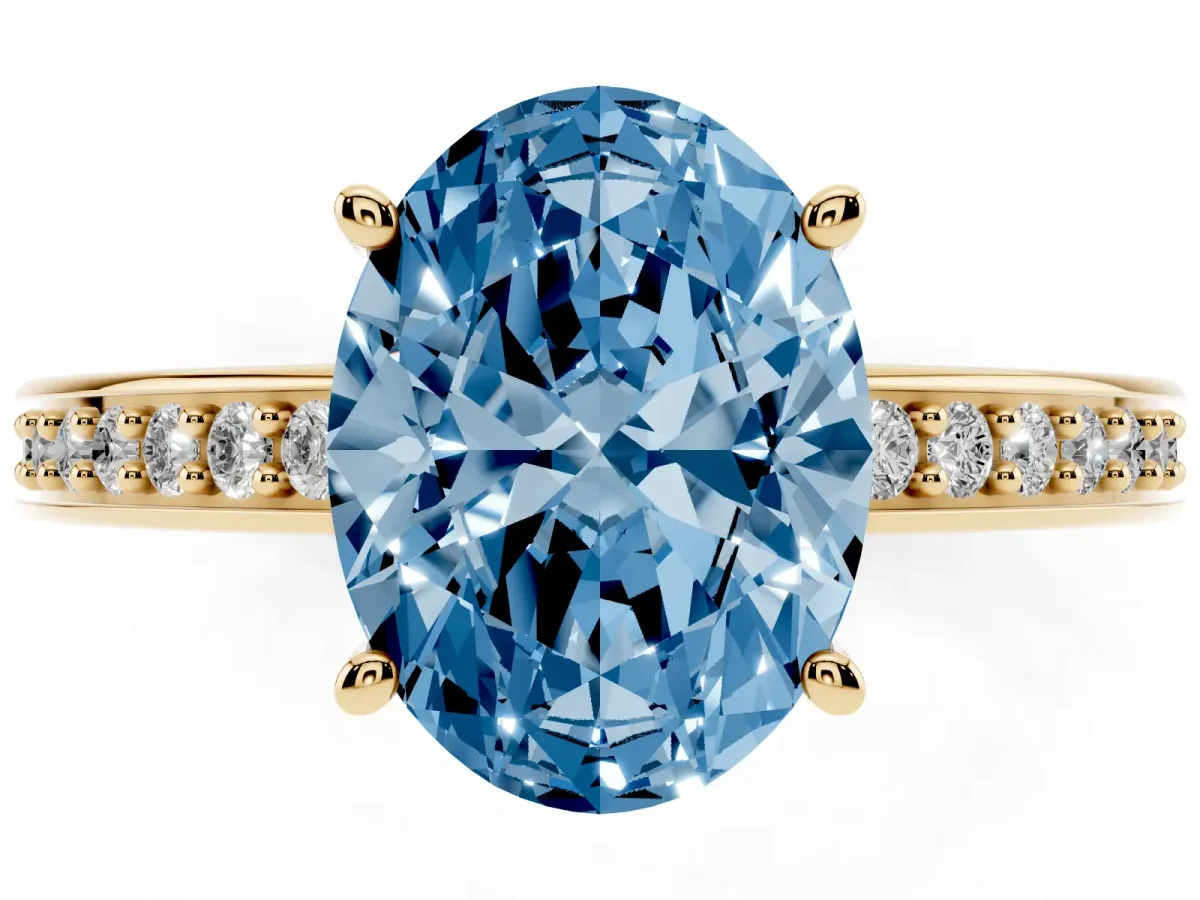 Fancy Blue Oval Cut Solitaire Pavé Band Prong Setting Ring Yellow gold