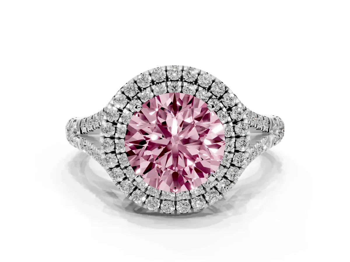 Fancy Pink Round Cut Diamond Pavé Split Shank Double Halo Engagement Ring Silver