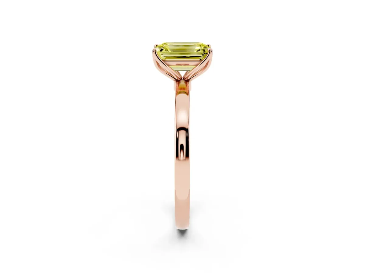 Fancy Yellow Emerald Cut Diamond Solitaire Ring with Thin Band and Prong Setting Rose gold