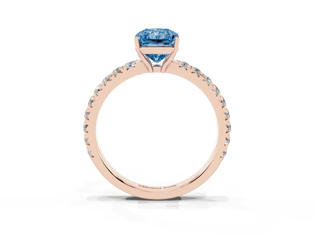 Fancy Blue Radiant Cut Diamond Pavé Solitaire Engagement Ring with Four-Prong Setting Rose gold