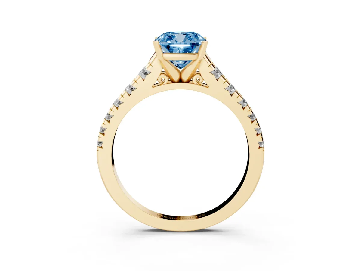 Fancy Blue Cushion Cut Diamond Cathedral Solitaire Ring with Round Pavé Band Yellow gold