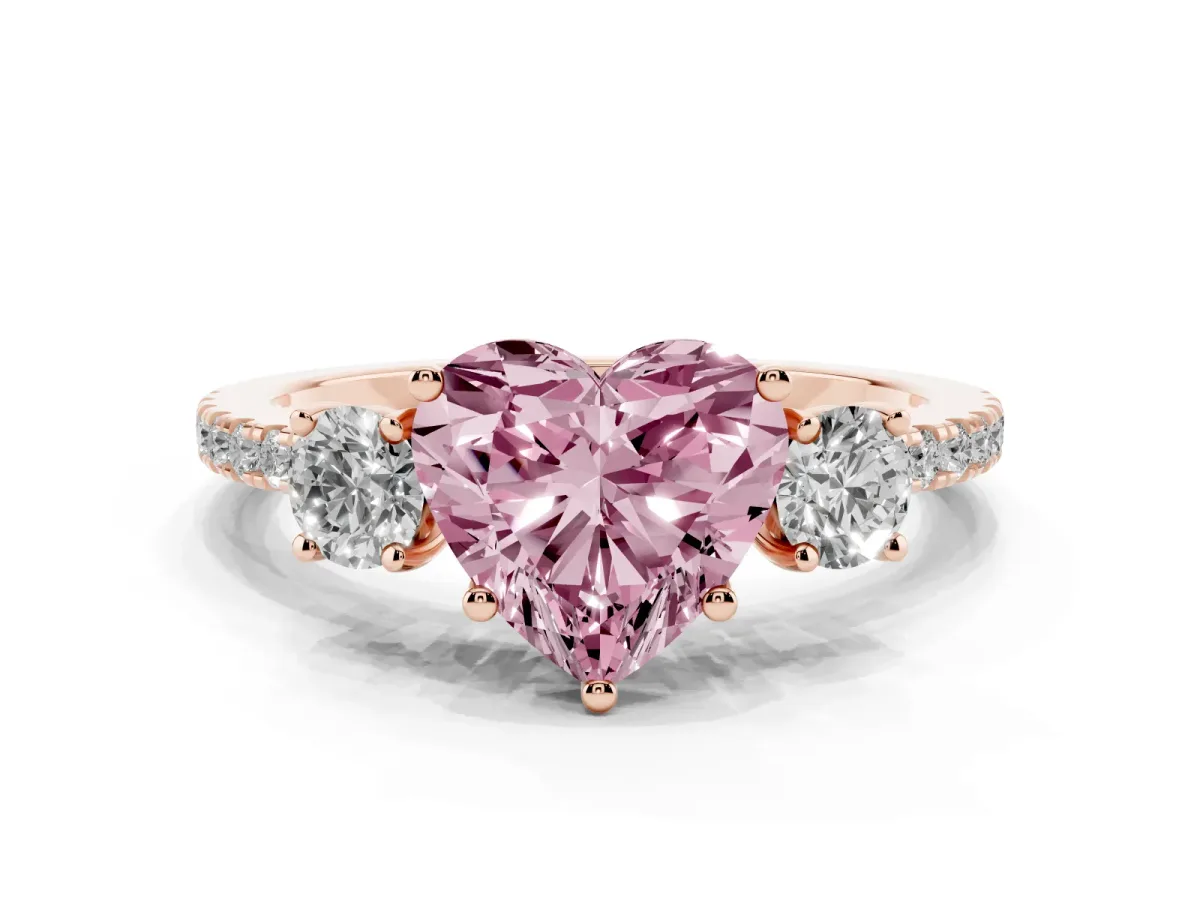 Fancy Pink Three-Stone Heart Cut Cut Diamond Pavé Band with Prong Setting Rose gold