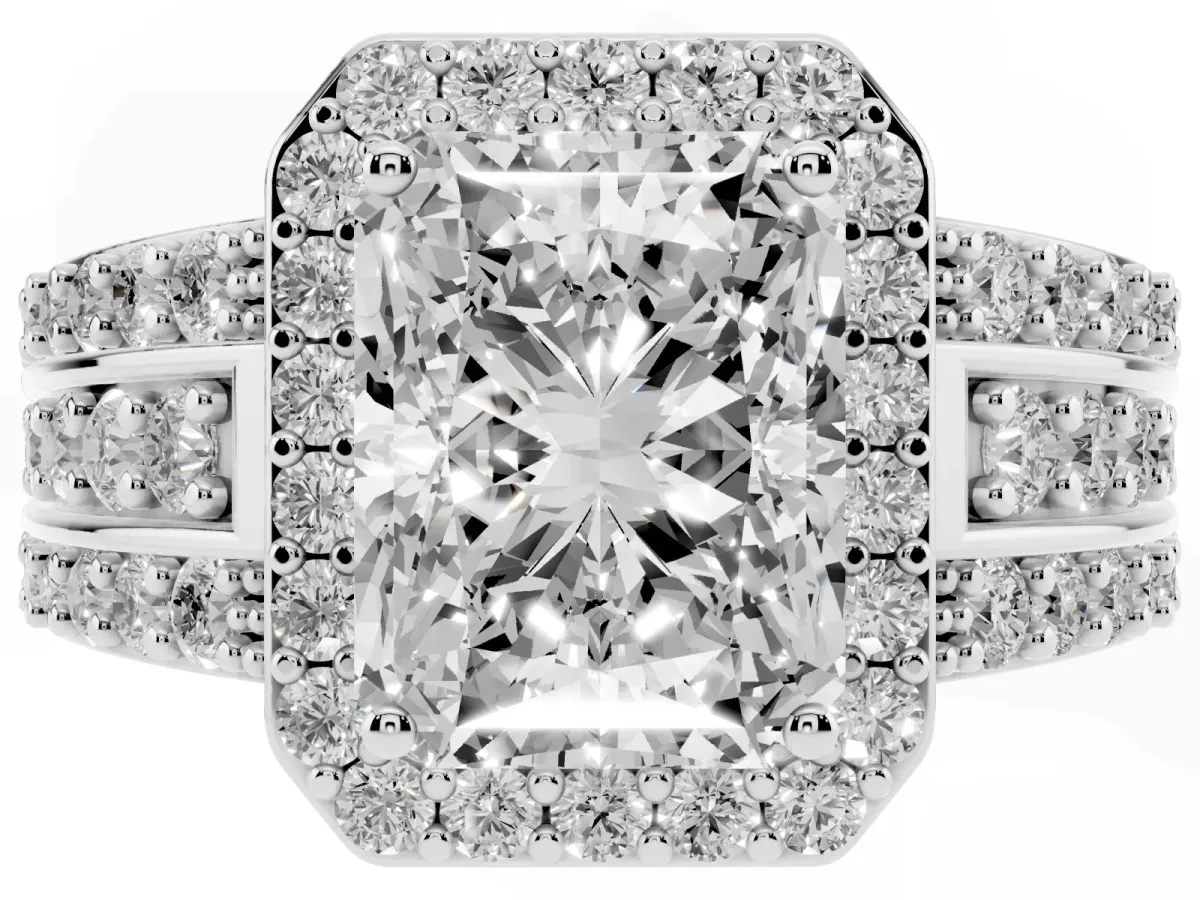 Radiant Cut Halo Diamond Ring with Round Split Shank and Prong Setting Silver