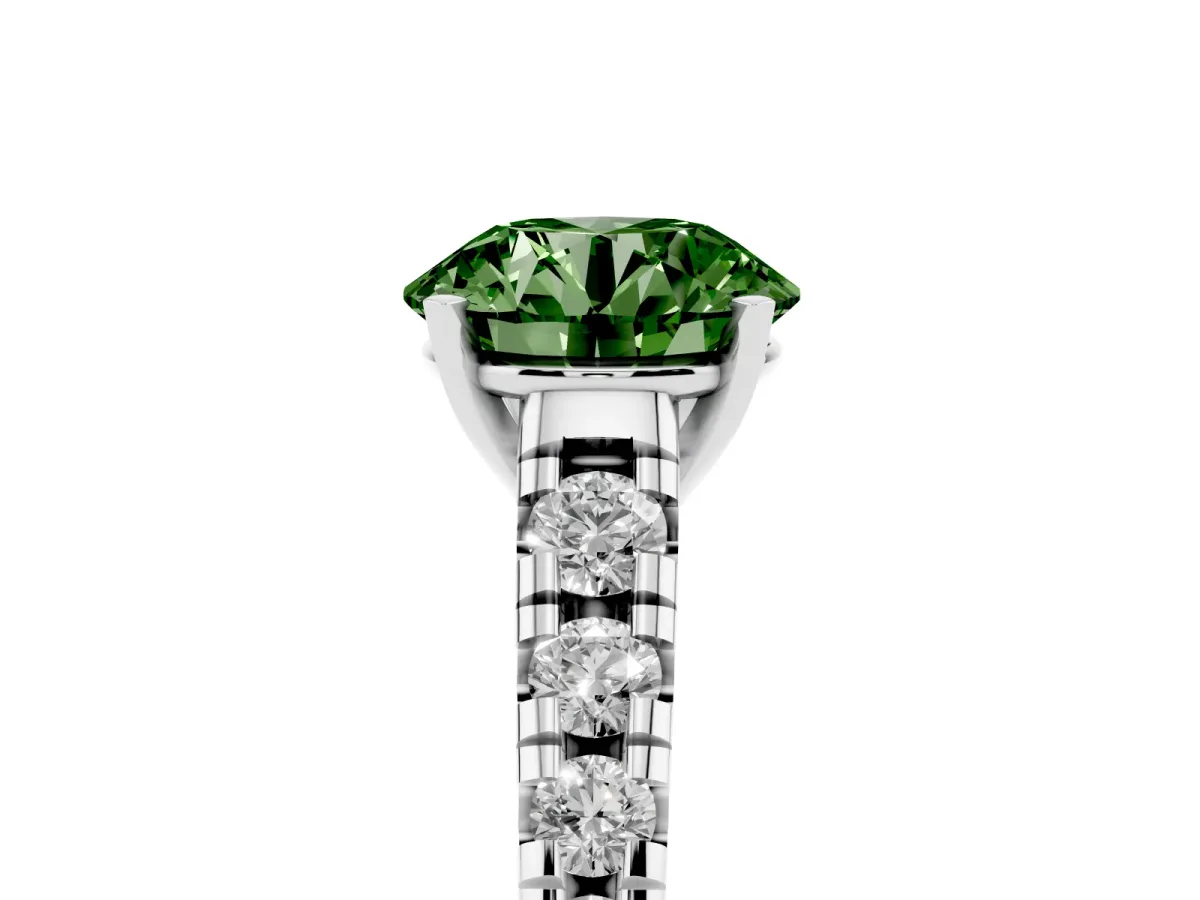 Fancy Green Round Cut Diamond Cathedral Solitaire Ring with Round Pavé Band Silver