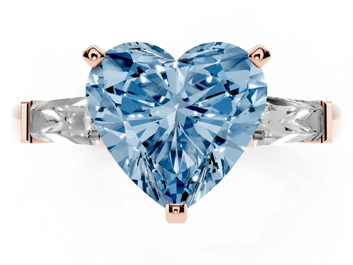 Fancy Blue Heart Cut Solitaire with Tapered Baguette Side Stones on a Classic Band with Four-Prong Setting Rose gold