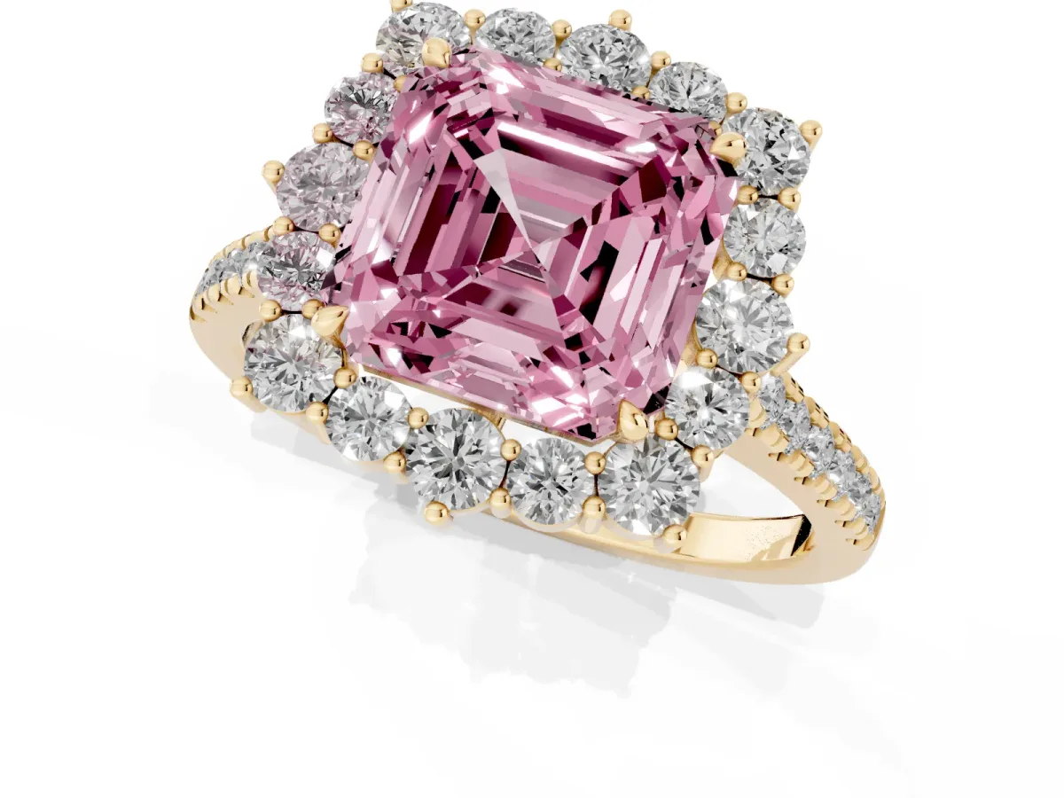 Fancy Pink Asscher Cut Halo Diamond Ring with Pavé Band and Prong Setting Yellow gold