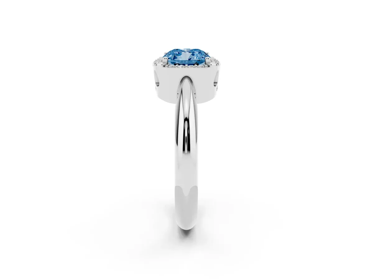 Fancy Blue Cushion Cut Cut Diamond Halo Engagement Ring with Split Shank and Four-Prong Setting Silver