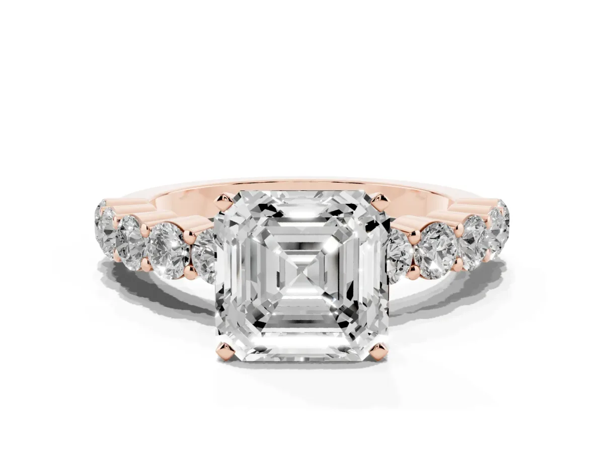 Asscher Cut Diamond Solitaire Ring with Shared Prong Round Side Stones Rose gold