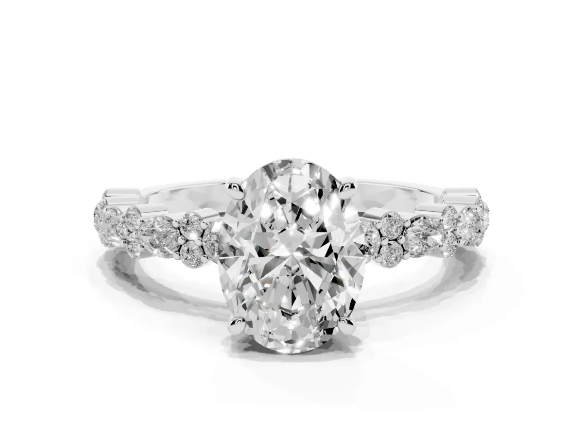 Oval Cut Diamond Side Stone Solitaire Ring with Round and Four-Prong Setting Silver
