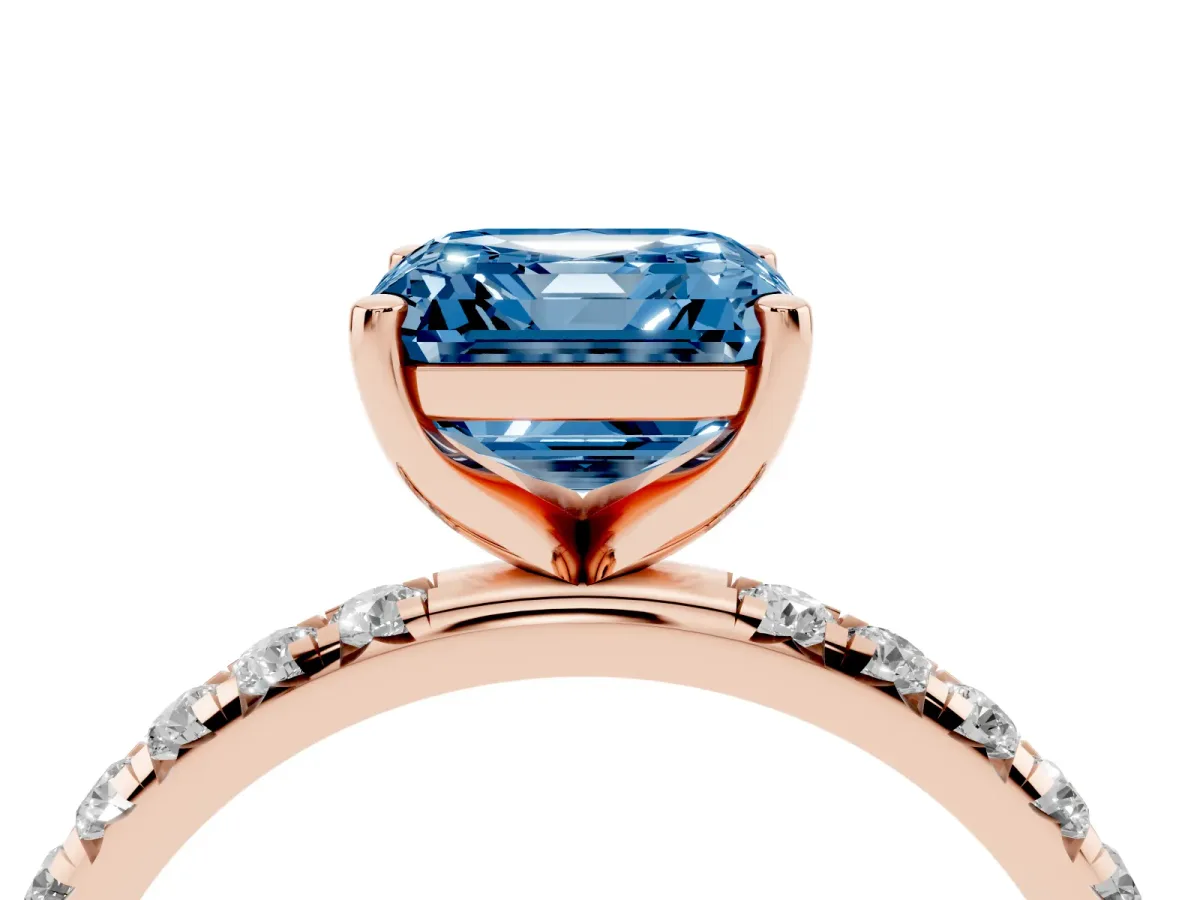 Fancy Blue Asscher Cut Cut Diamond Solitaire Ring with Micro Pave Band and Four Prong Setting Rose gold