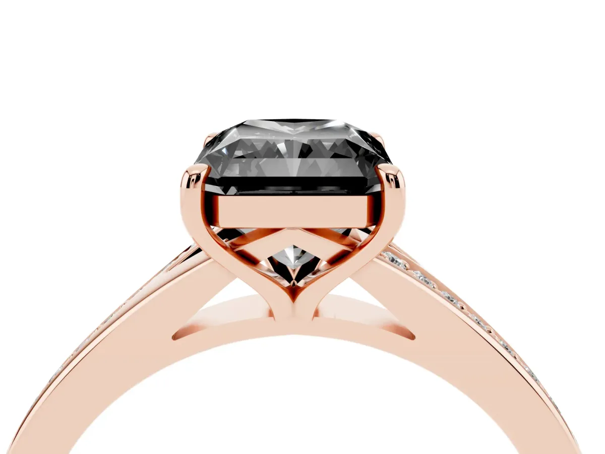 Fancy Black Radiant Cut Diamond Solitaire Ring with Pavé Band and Prong Setting Rose gold