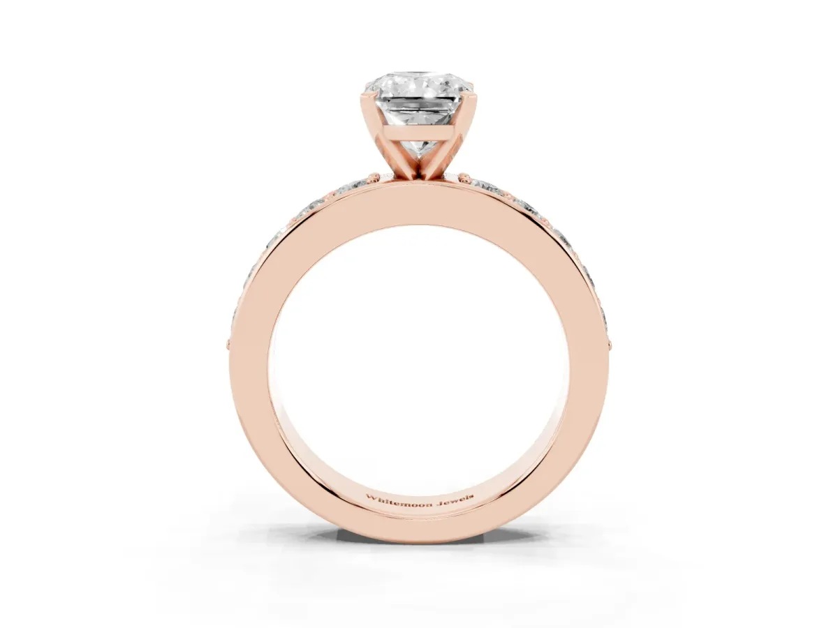 Radiant Cut Diamond Engagement Ring with Channel Set Round Band and Prong Setting Rose gold