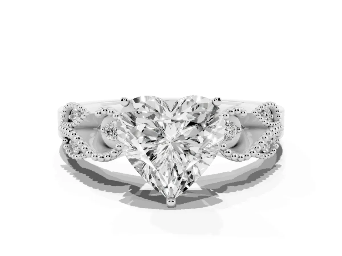 Heart Cut Solitaire Milgrain Leaf Band with Prong Setting Silver