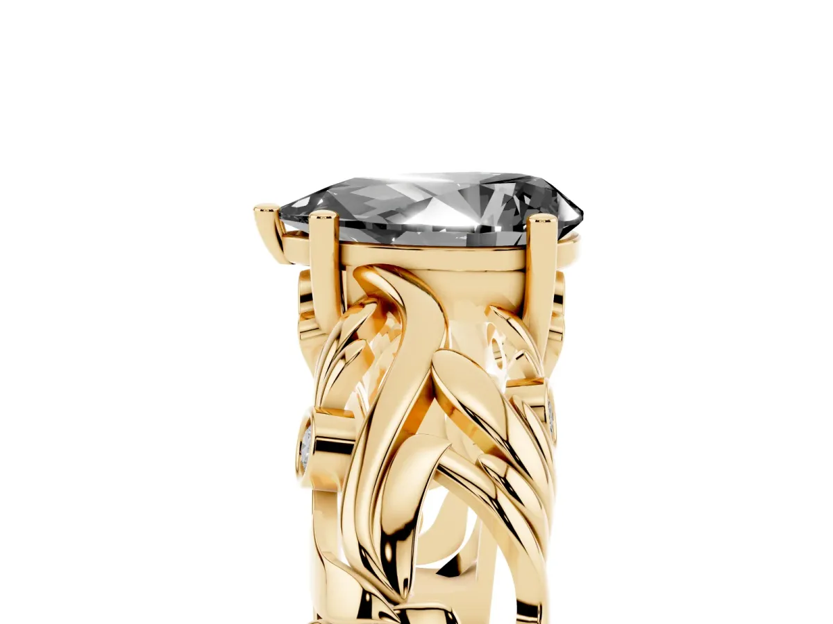 Fancy Black Pear Cut Solitaire Diamond Leaf-Inspired Vine Band Ring with Prong Setting Yellow gold