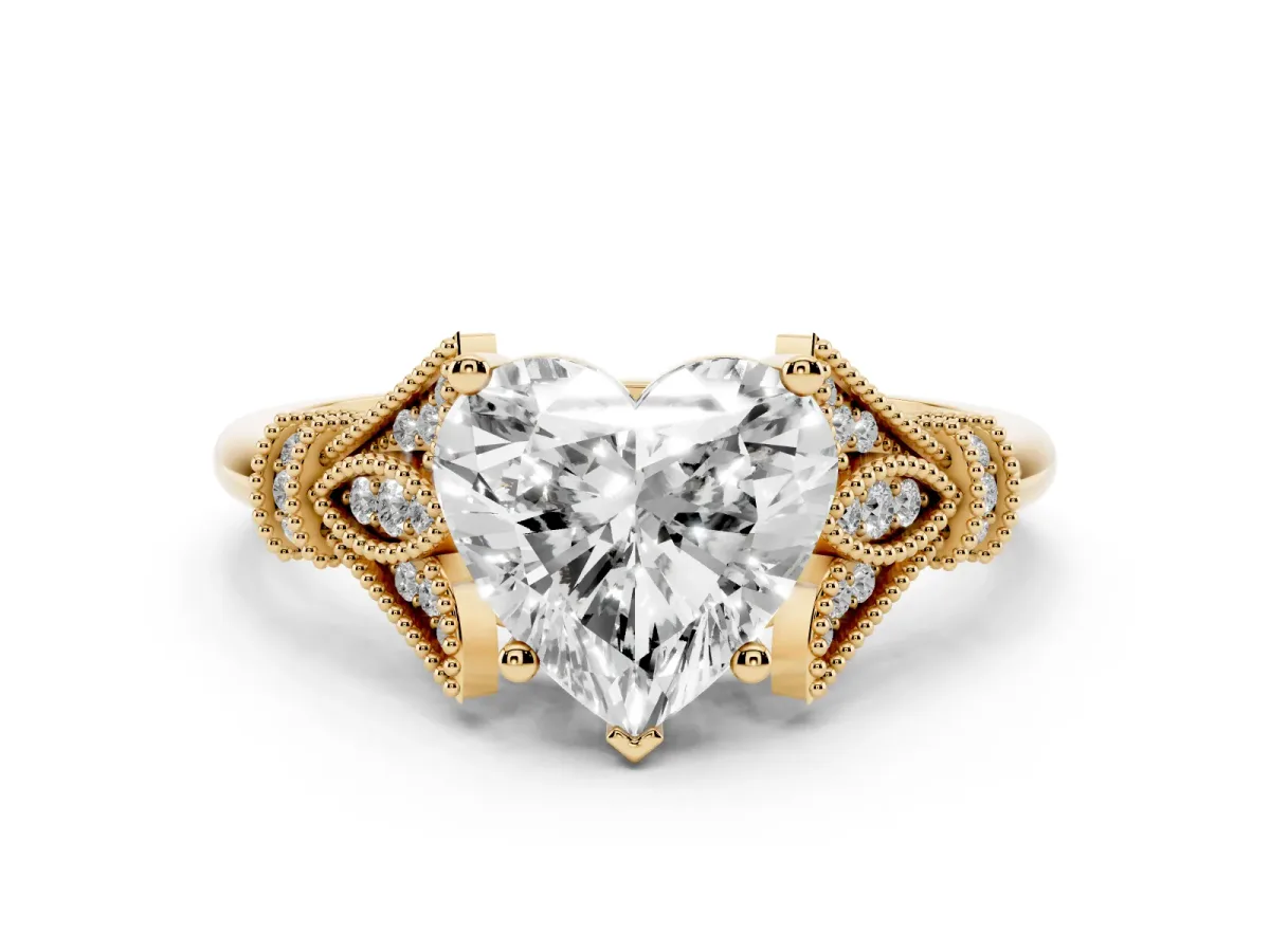 Heart Cut Diamond Solitaire Ring with Floral Filigree and Pave Accents Yellow gold